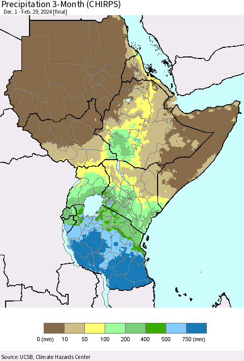 Eastern Africa Precipitation 3-Month (CHIRPS) Thematic Map For 12/1/2023 - 2/29/2024