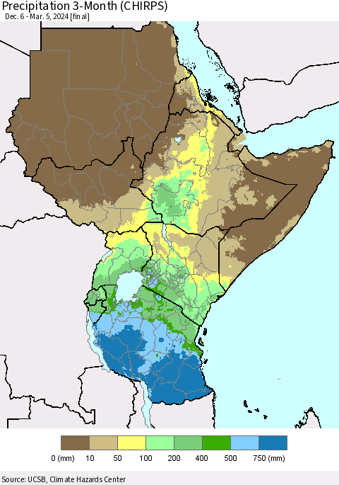 Eastern Africa Precipitation 3-Month (CHIRPS) Thematic Map For 12/6/2023 - 3/5/2024