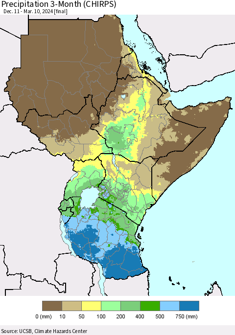 Eastern Africa Precipitation 3-Month (CHIRPS) Thematic Map For 12/11/2023 - 3/10/2024