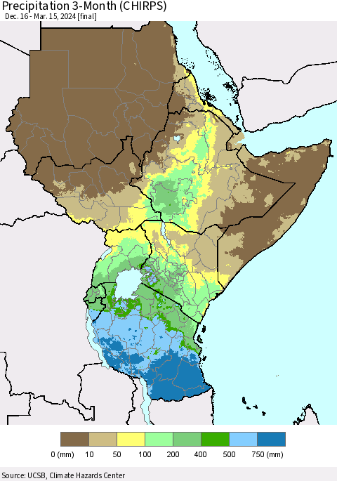 Eastern Africa Precipitation 3-Month (CHIRPS) Thematic Map For 12/16/2023 - 3/15/2024