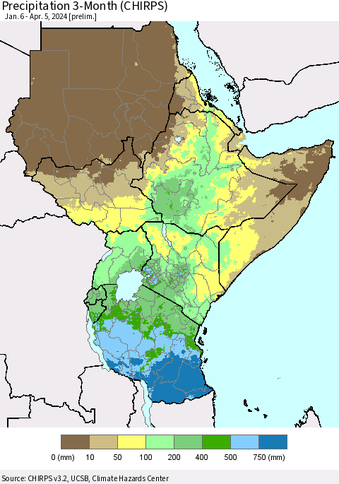 Eastern Africa Precipitation 3-Month (CHIRPS) Thematic Map For 1/6/2024 - 4/5/2024