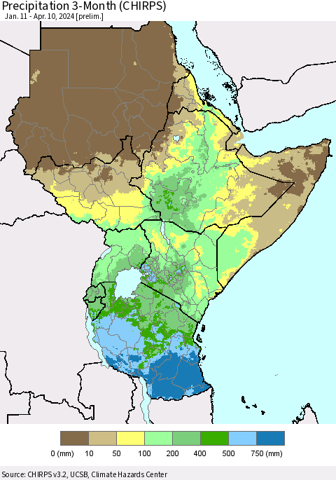 Eastern Africa Precipitation 3-Month (CHIRPS) Thematic Map For 1/11/2024 - 4/10/2024