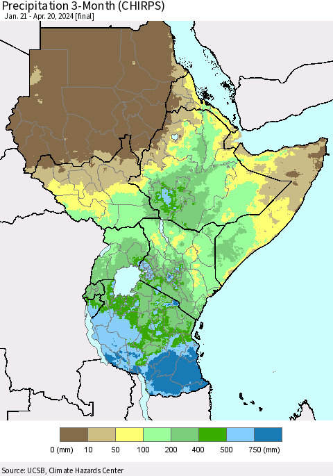 Eastern Africa Precipitation 3-Month (CHIRPS) Thematic Map For 1/21/2024 - 4/20/2024