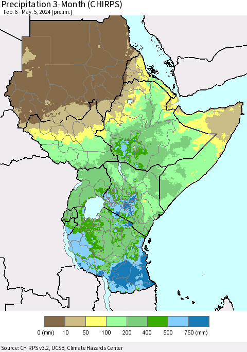 Eastern Africa Precipitation 3-Month (CHIRPS) Thematic Map For 2/6/2024 - 5/5/2024