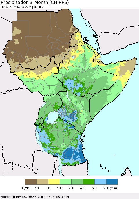 Eastern Africa Precipitation 3-Month (CHIRPS) Thematic Map For 2/16/2024 - 5/15/2024