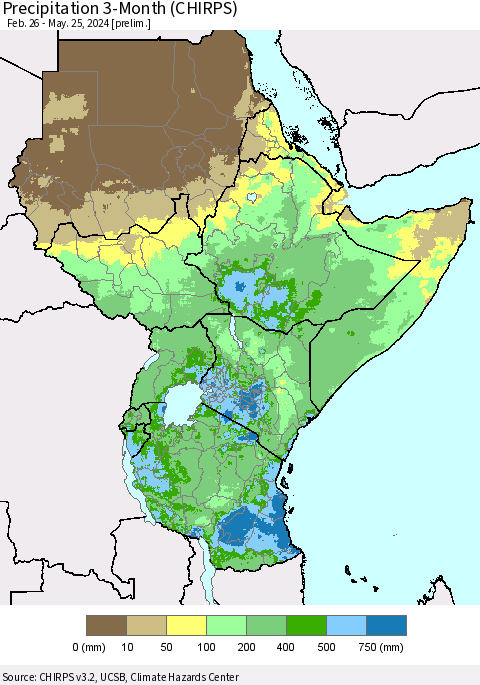 Eastern Africa Precipitation 3-Month (CHIRPS) Thematic Map For 2/26/2024 - 5/25/2024