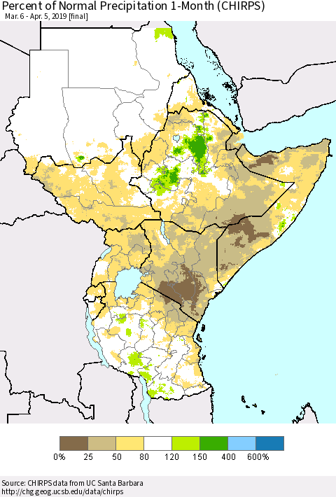 Eastern Africa Percent of Normal Precipitation 1-Month (CHIRPS) Thematic Map For 3/6/2019 - 4/5/2019