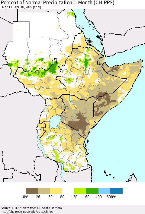 Eastern Africa Percent of Normal Precipitation 1-Month (CHIRPS) Thematic Map For 3/11/2019 - 4/10/2019