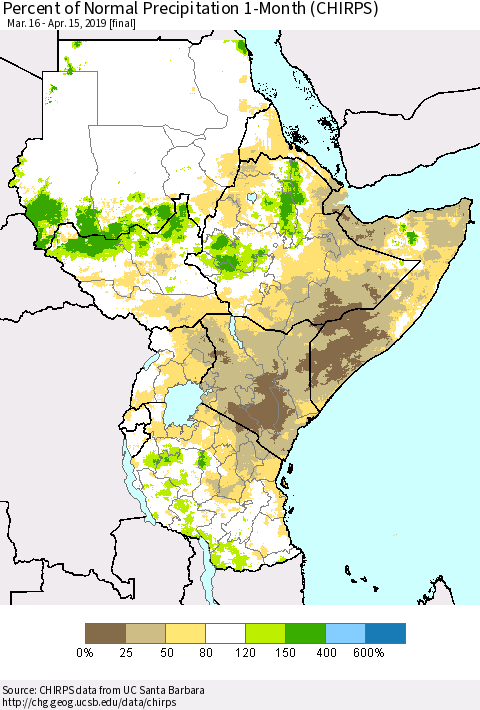 Eastern Africa Percent of Normal Precipitation 1-Month (CHIRPS) Thematic Map For 3/16/2019 - 4/15/2019