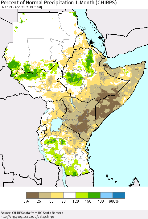 Eastern Africa Percent of Normal Precipitation 1-Month (CHIRPS) Thematic Map For 3/21/2019 - 4/20/2019