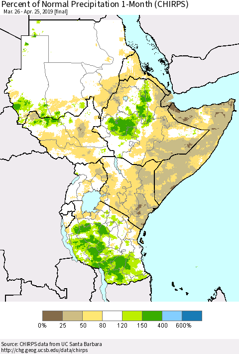 Eastern Africa Percent of Normal Precipitation 1-Month (CHIRPS) Thematic Map For 3/26/2019 - 4/25/2019