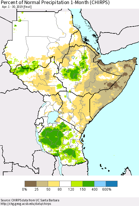 Eastern Africa Percent of Normal Precipitation 1-Month (CHIRPS) Thematic Map For 4/1/2019 - 4/30/2019
