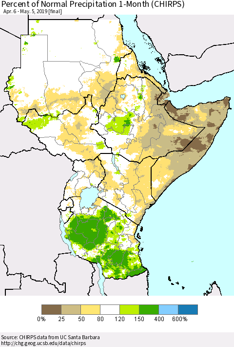 Eastern Africa Percent of Normal Precipitation 1-Month (CHIRPS) Thematic Map For 4/6/2019 - 5/5/2019