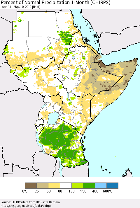 Eastern Africa Percent of Normal Precipitation 1-Month (CHIRPS) Thematic Map For 4/11/2019 - 5/10/2019