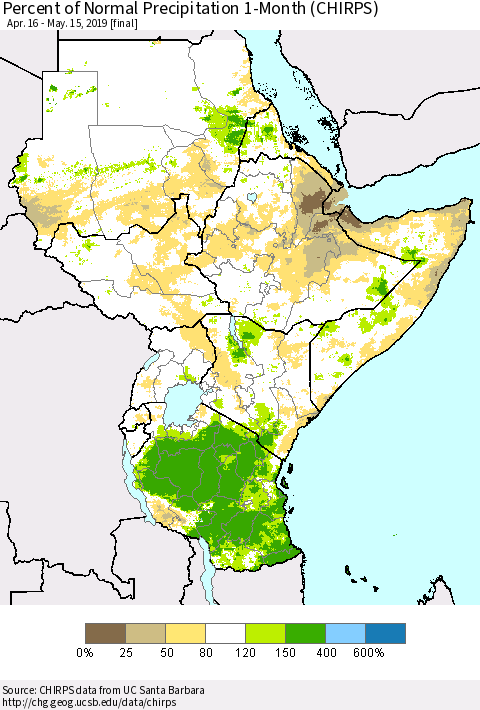 Eastern Africa Percent of Normal Precipitation 1-Month (CHIRPS) Thematic Map For 4/16/2019 - 5/15/2019