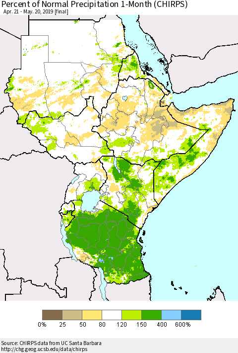 Eastern Africa Percent of Normal Precipitation 1-Month (CHIRPS) Thematic Map For 4/21/2019 - 5/20/2019