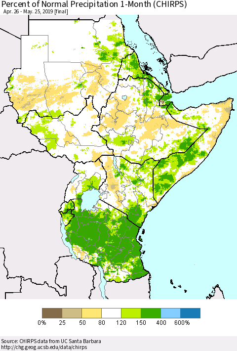 Eastern Africa Percent of Normal Precipitation 1-Month (CHIRPS) Thematic Map For 4/26/2019 - 5/25/2019