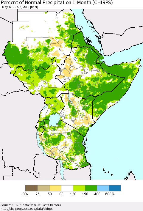 Eastern Africa Percent of Normal Precipitation 1-Month (CHIRPS) Thematic Map For 5/6/2019 - 6/5/2019