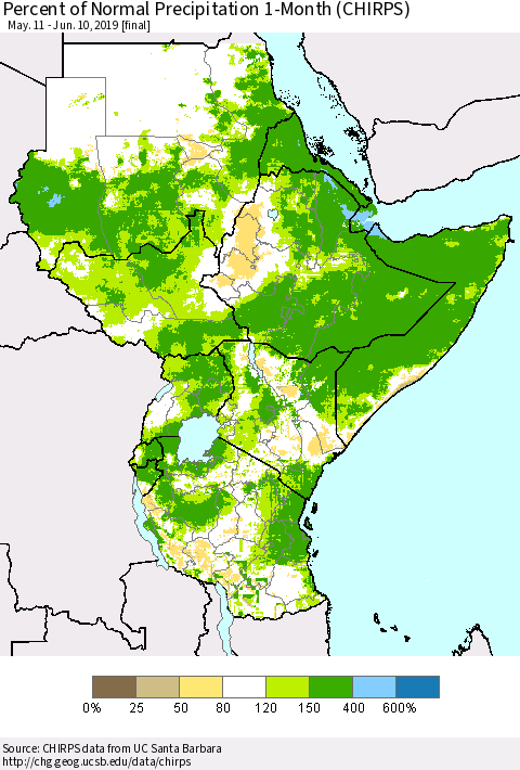 Eastern Africa Percent of Normal Precipitation 1-Month (CHIRPS) Thematic Map For 5/11/2019 - 6/10/2019