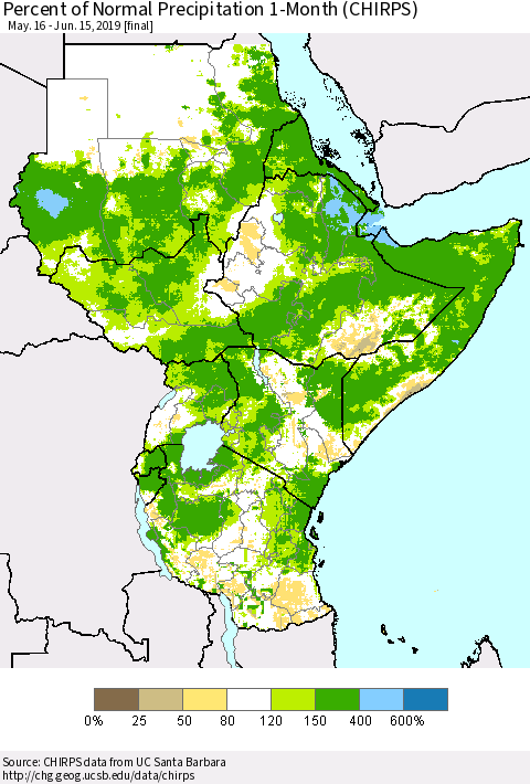 Eastern Africa Percent of Normal Precipitation 1-Month (CHIRPS) Thematic Map For 5/16/2019 - 6/15/2019