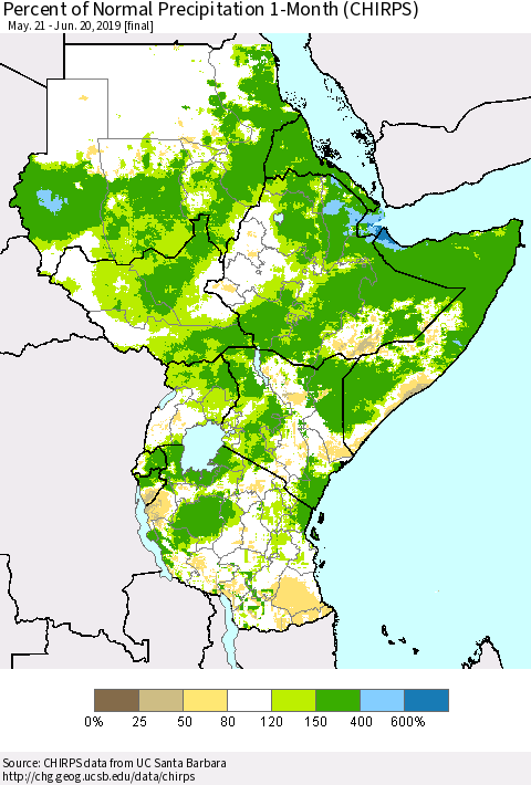 Eastern Africa Percent of Normal Precipitation 1-Month (CHIRPS) Thematic Map For 5/21/2019 - 6/20/2019