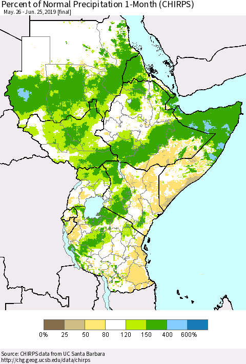 Eastern Africa Percent of Normal Precipitation 1-Month (CHIRPS) Thematic Map For 5/26/2019 - 6/25/2019