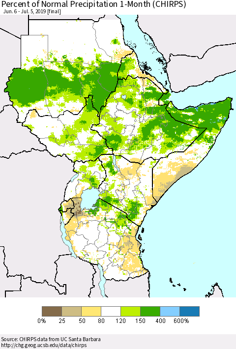 Eastern Africa Percent of Normal Precipitation 1-Month (CHIRPS) Thematic Map For 6/6/2019 - 7/5/2019