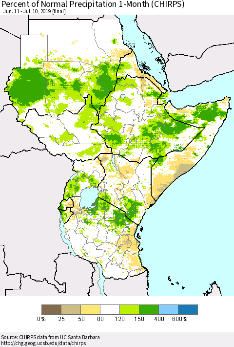 Eastern Africa Percent of Normal Precipitation 1-Month (CHIRPS) Thematic Map For 6/11/2019 - 7/10/2019