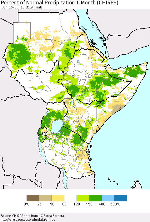 Eastern Africa Percent of Normal Precipitation 1-Month (CHIRPS) Thematic Map For 6/16/2019 - 7/15/2019
