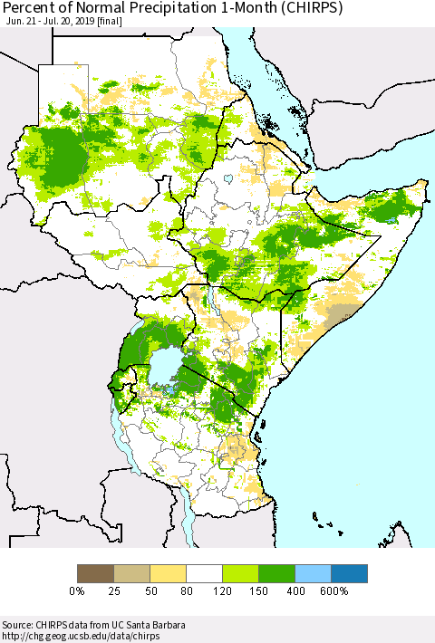 Eastern Africa Percent of Normal Precipitation 1-Month (CHIRPS) Thematic Map For 6/21/2019 - 7/20/2019