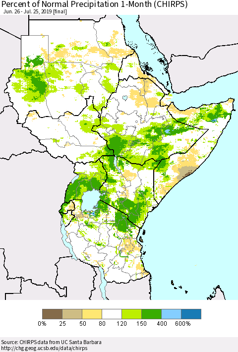 Eastern Africa Percent of Normal Precipitation 1-Month (CHIRPS) Thematic Map For 6/26/2019 - 7/25/2019