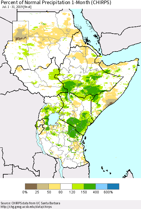 Eastern Africa Percent of Normal Precipitation 1-Month (CHIRPS) Thematic Map For 7/1/2019 - 7/31/2019