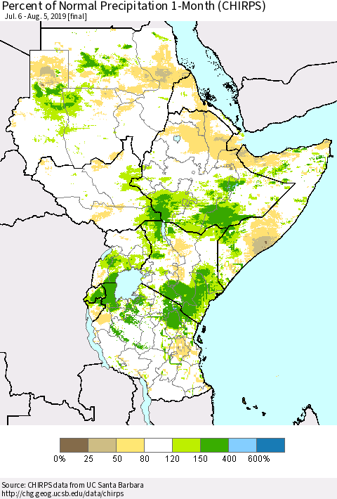 Eastern Africa Percent of Normal Precipitation 1-Month (CHIRPS) Thematic Map For 7/6/2019 - 8/5/2019