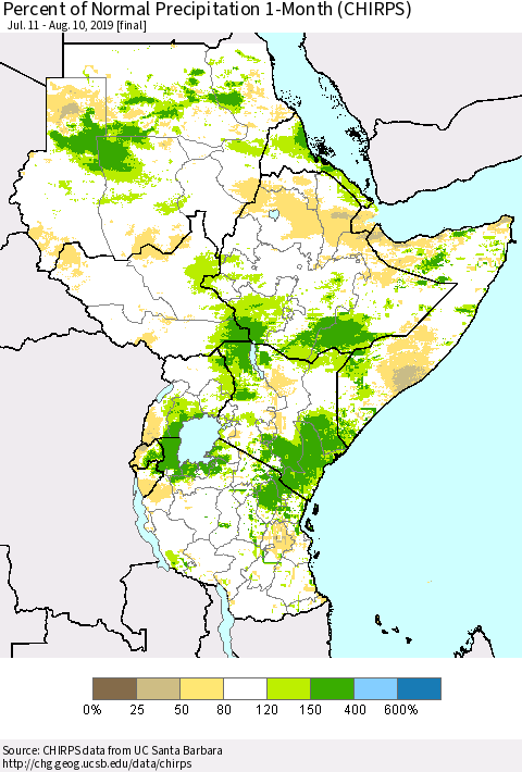 Eastern Africa Percent of Normal Precipitation 1-Month (CHIRPS) Thematic Map For 7/11/2019 - 8/10/2019