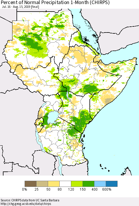 Eastern Africa Percent of Normal Precipitation 1-Month (CHIRPS) Thematic Map For 7/16/2019 - 8/15/2019