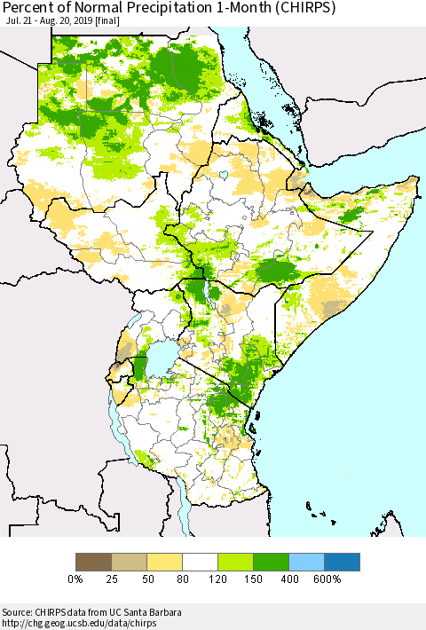 Eastern Africa Percent of Normal Precipitation 1-Month (CHIRPS) Thematic Map For 7/21/2019 - 8/20/2019