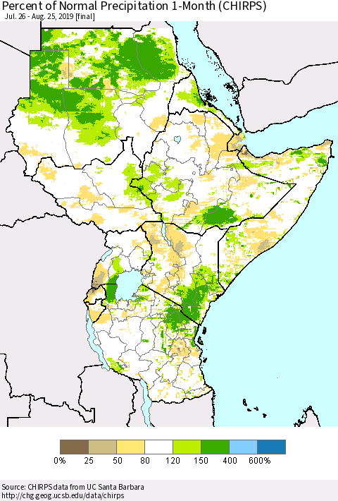 Eastern Africa Percent of Normal Precipitation 1-Month (CHIRPS) Thematic Map For 7/26/2019 - 8/25/2019
