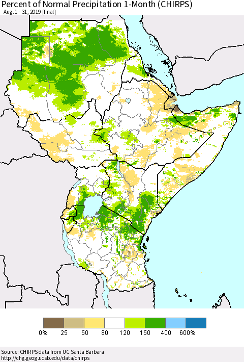 Eastern Africa Percent of Normal Precipitation 1-Month (CHIRPS) Thematic Map For 8/1/2019 - 8/31/2019