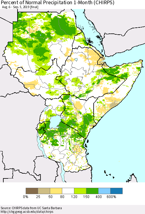 Eastern Africa Percent of Normal Precipitation 1-Month (CHIRPS) Thematic Map For 8/6/2019 - 9/5/2019