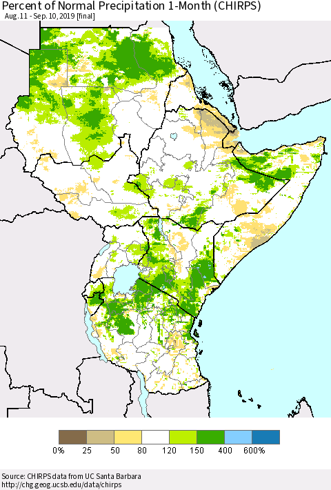 Eastern Africa Percent of Normal Precipitation 1-Month (CHIRPS) Thematic Map For 8/11/2019 - 9/10/2019