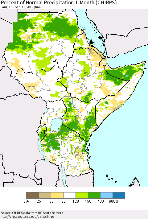 Eastern Africa Percent of Normal Precipitation 1-Month (CHIRPS) Thematic Map For 8/16/2019 - 9/15/2019