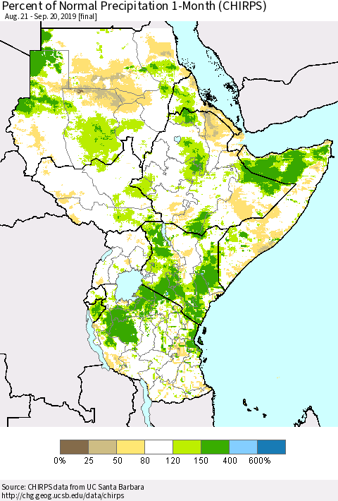 Eastern Africa Percent of Normal Precipitation 1-Month (CHIRPS) Thematic Map For 8/21/2019 - 9/20/2019
