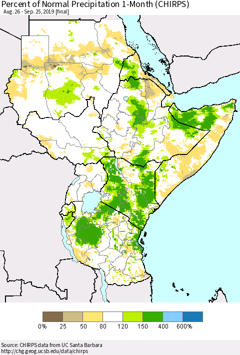 Eastern Africa Percent of Normal Precipitation 1-Month (CHIRPS) Thematic Map For 8/26/2019 - 9/25/2019