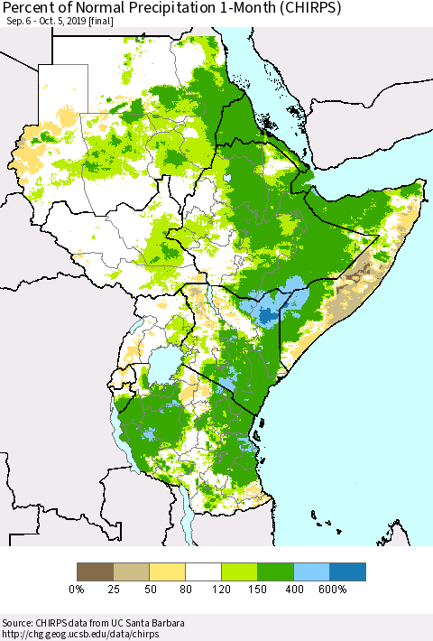 Eastern Africa Percent of Normal Precipitation 1-Month (CHIRPS) Thematic Map For 9/6/2019 - 10/5/2019