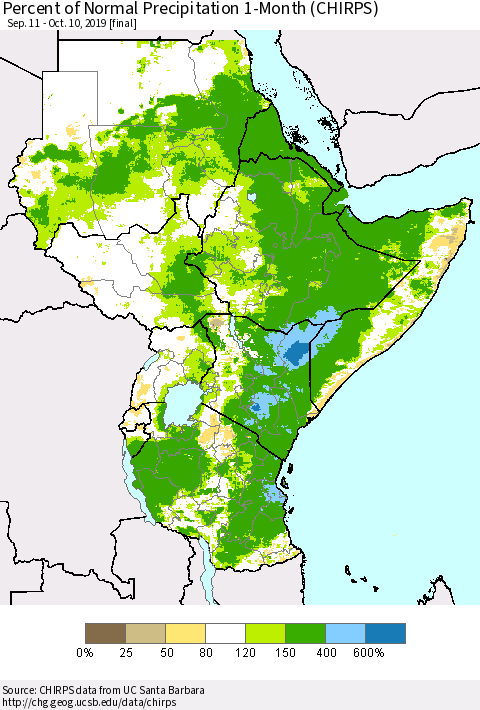 Eastern Africa Percent of Normal Precipitation 1-Month (CHIRPS) Thematic Map For 9/11/2019 - 10/10/2019