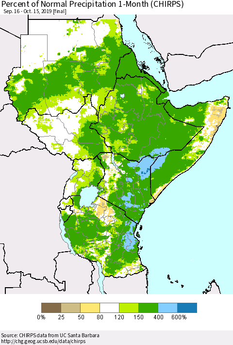 Eastern Africa Percent of Normal Precipitation 1-Month (CHIRPS) Thematic Map For 9/16/2019 - 10/15/2019