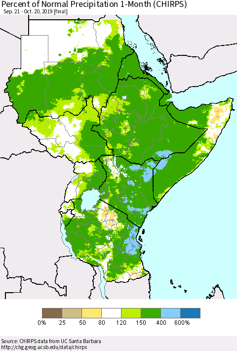 Eastern Africa Percent of Normal Precipitation 1-Month (CHIRPS) Thematic Map For 9/21/2019 - 10/20/2019