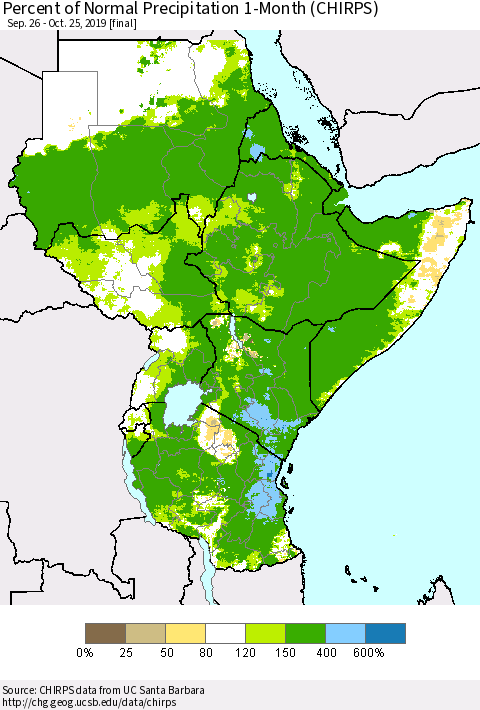 Eastern Africa Percent of Normal Precipitation 1-Month (CHIRPS) Thematic Map For 9/26/2019 - 10/25/2019