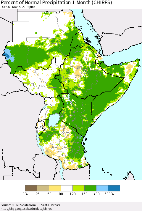 Eastern Africa Percent of Normal Precipitation 1-Month (CHIRPS) Thematic Map For 10/6/2019 - 11/5/2019