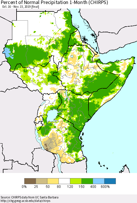 Eastern Africa Percent of Normal Precipitation 1-Month (CHIRPS) Thematic Map For 10/16/2019 - 11/15/2019